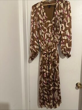 C wonder Button-Front Floral Midi Dress in Brown and Cream